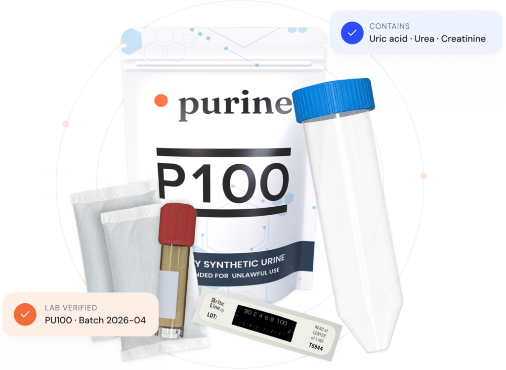 Purine P100 powdered synthetic urine kit — 50ml vial, two heaters, temperature strip