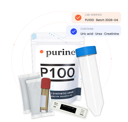 Purine P100 powdered synthetic urine kit — 50ml vial, two heaters, temperature strip