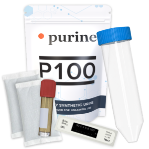 P100 Powdered Synthetic Urine Kit by Purine — complete kit on white background