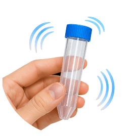 Pouring P100 powder into 50ml vial with blue lid