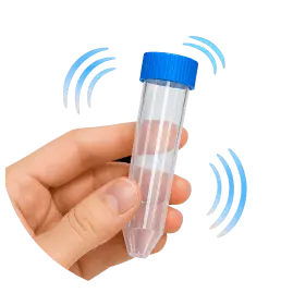 Pouring P100 powder into 50ml vial with blue lid